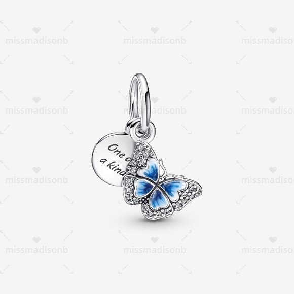 Pandora Blue Butterfly & Quote Double Dangle Charm - Picture 1 of 6